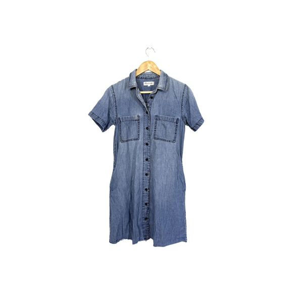 Madewell Chambray Shirt Dress Small Blue Denim Buttons Raw Hem Pockets Boho - Picture 2 of 10